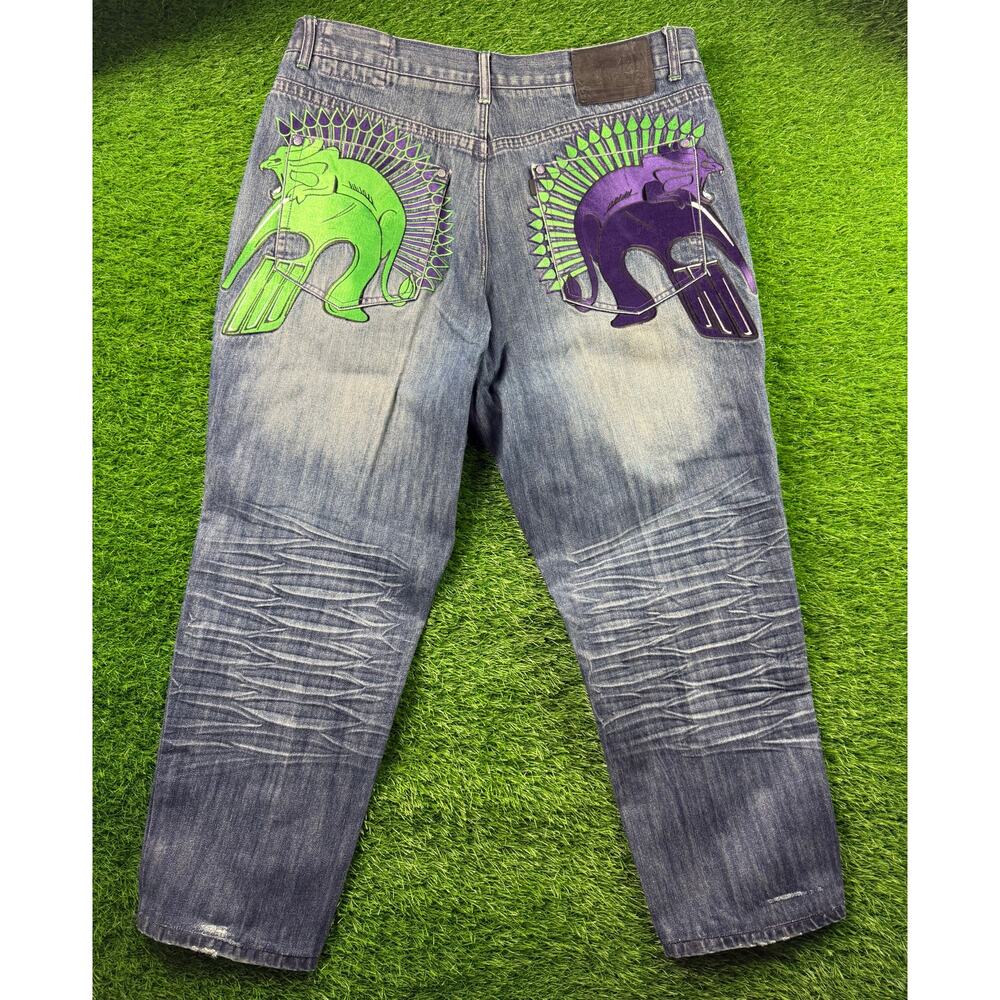 Eight 732 Mens Jeans 40x34 Blue Wash Green Purple Embroidery Baggy Y2K Vintage